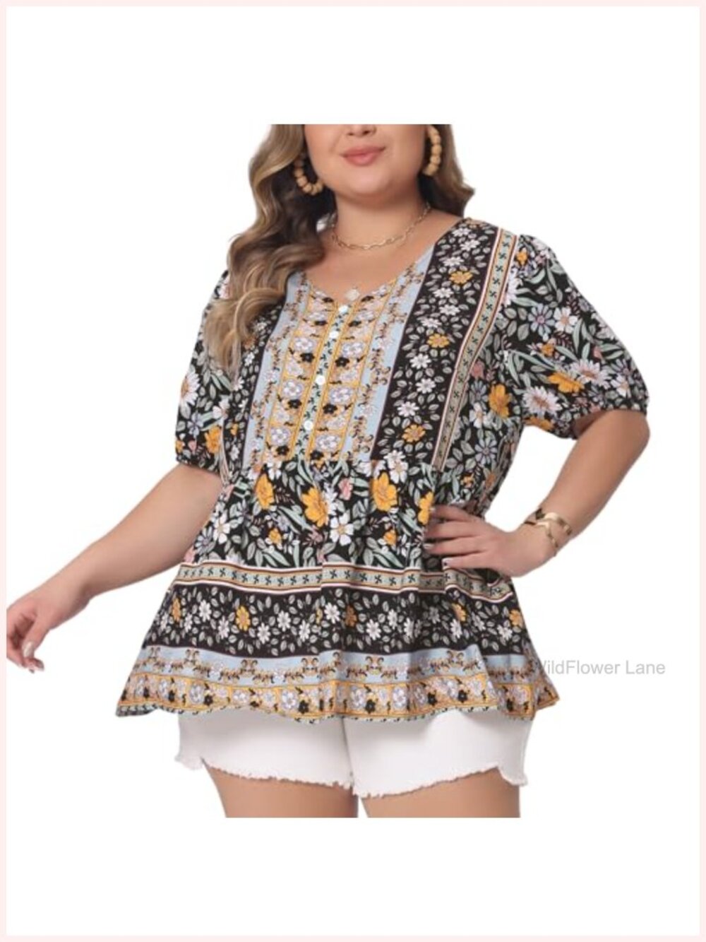 Plus Size Boho Floral Print V Neck Short Sleeve Peplum Blouse